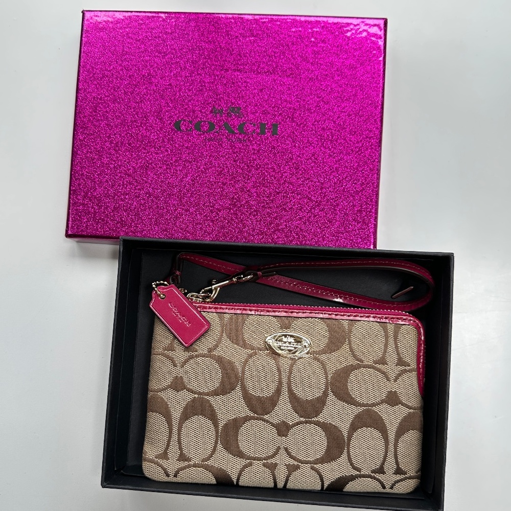 NWT Coach Pink and Brown C Signature Monogram Wristlet New with Box